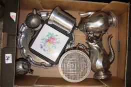 A polished pewter 4 piece tea service with Tray together with cut glass and rose bowl etc (1 tray)
