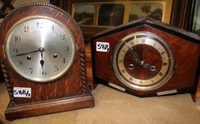 Two mantel clocks, one in oak and one in mahogany.