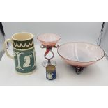 A mixed collection of items to include Silver rimmed Wedgwood small spill vase, Adams ewer, art