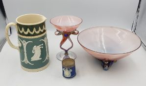 A mixed collection of items to include Silver rimmed Wedgwood small spill vase, Adams ewer, art