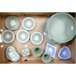 A collection of Wedgwood sage green jasper ware to include large footed bowl, pin tray, vases etc