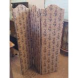 Three panel freestanding upholstered screen/room divider with pineapple decoration, 151cm H x