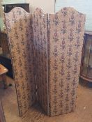 Three panel freestanding upholstered screen/room divider with pineapple decoration, 151cm H x