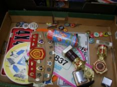 A collection of vintage badges , signs, Ronson lighter and a Russian military cap with badges