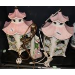 A pair of large Chinese ceramic lanterns 40cm in height, together with a vintage table lamp with