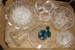 A mixed collection of glass to include Mdina glass pot, etched glass decanter, pressed glass