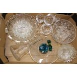 A mixed collection of glass to include Mdina glass pot, etched glass decanter, pressed glass