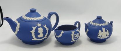 Wedgwood jasperware teapot, sugar bowl and milk jug. (milk jug handle A/F)