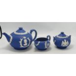 Wedgwood jasperware teapot, sugar bowl and milk jug. (milk jug handle A/F)