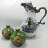 Victorian Flora 5042 patterned Water Jug with Pewter Mounts together with two small floral decorated