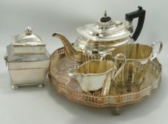 A collection of silver plated items to include tea service, gallery tray, tea caddy etc