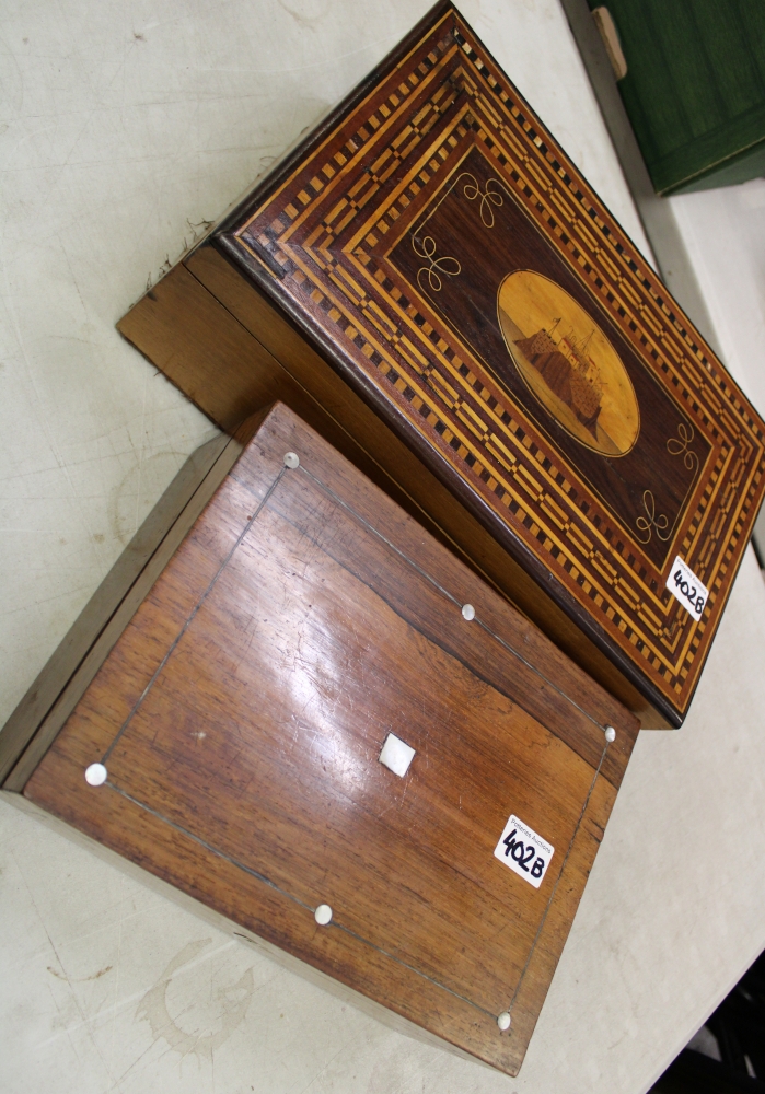 Inlaid mahogany writing slope, together with a mahogany box with mother of pearl inlay.