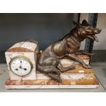 Art Deco Marble Mantel Clock with Large spelter Wolf.