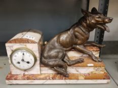 Art Deco Marble Mantel Clock with Large spelter Wolf.