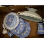 A collection of Wedgwood jasperware / Queensware to include twin handled vase, pin trays. plates etc