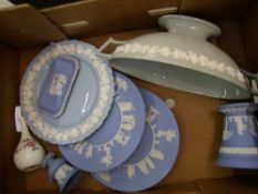 A collection of Wedgwood jasperware / Queensware to include twin handled vase, pin trays. plates etc