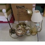 Group of three modern table/desk lamps together with a silver plated teapot. Height of tallest 40cm