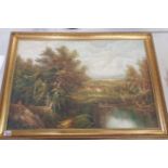 Gilt framed Oil on Canvas depicting a country side scene, Indistinctly Signed Lower left- Overall