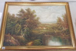 Gilt framed Oil on Canvas depicting a country side scene, Indistinctly Signed Lower left- Overall