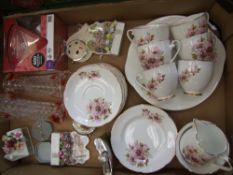 Royal Grafton floral tea set , pair of art glass vases, Royal Albert Old country rose cottage and