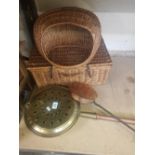 Brass bed warming pan together with copper chestnut roasting pan and two wicker baskets