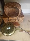 Brass bed warming pan together with copper chestnut roasting pan and two wicker baskets