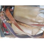 Mixed collection of leather hand bags and belts together with An Artist Made Shopping Trolley from