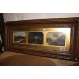Edwardian framed and glazed 3 panel oil on canvas, overall size 86cm x 39cm.