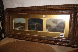 Edwardian framed and glazed 3 panel oil on canvas, overall size 86cm x 39cm.