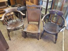 Oak early 2oth century nursing chair together with two non matching captains style chairs.