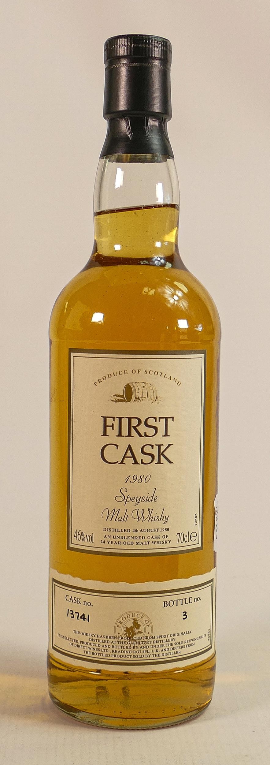 A 70cl bottle of First Cask 1980 Speyside malt Whisky. Cask number 13741, bottle number 3.