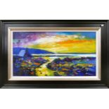 Original Jon Lowrie Morrison JoLoMo framed oil painting Sunset - Mull Of Kintyre. 76cm x 40cm