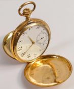 18ct gold Longines full hunter pocket watch, top winder, engraved front case, gross weight 83.1g.