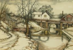 Tom Hinks modern local interest watercolour Winters Riverbank Scene, frame size 70cm x 53cm