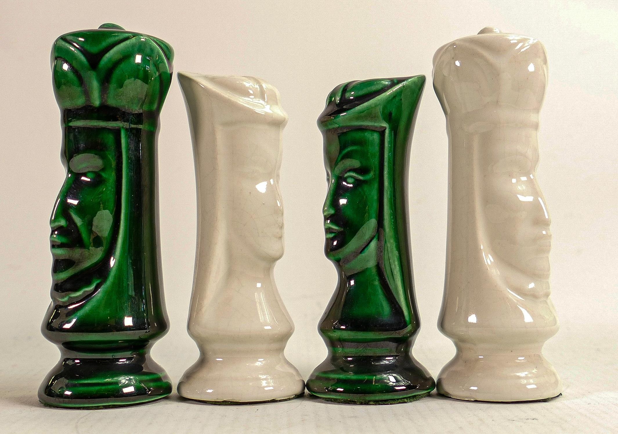 Mid century Duncan Ceramics Medieval theme chess set, 32 pieces finished in green & white.