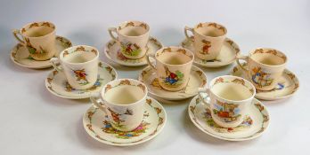 Royal Doulton Bunnykins matched cup & saucers sets, two signed Barbara Vernon pieces noted (8 sets)