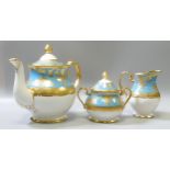 De Lamerie Fine Bone China heavily gilded Turquoise Exotic Garden patterned tea pot, sugar bowl &