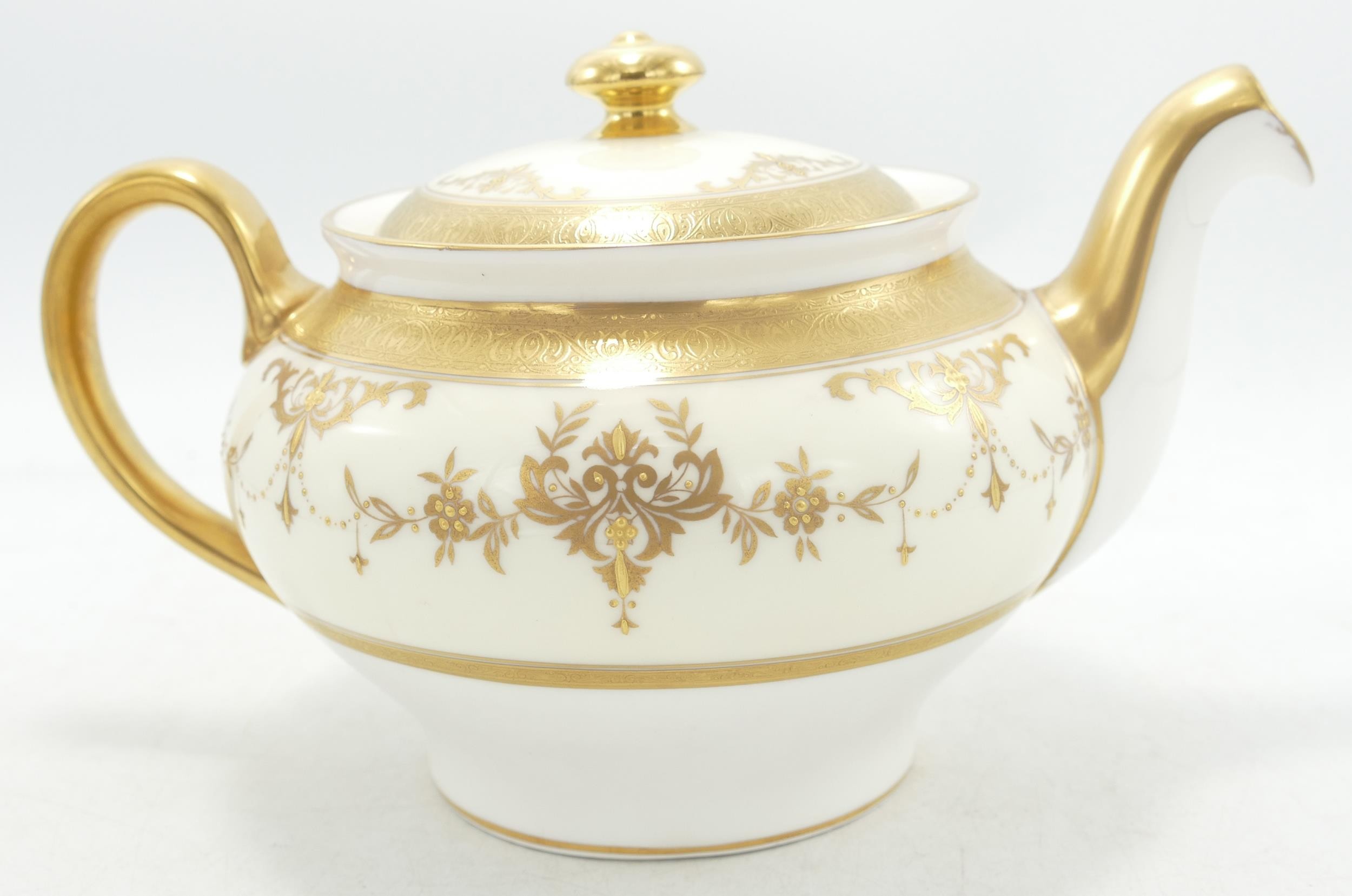 Minton gilded tea & dinner ware in the Riverton design, comprising teapot, cups and saucers, - Image 3 of 4