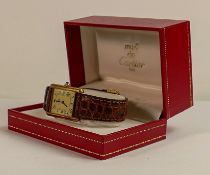 Cartier gentleman's Vermeil Tank quartz watch with leather strap, Silver Gilt marked 925 in original