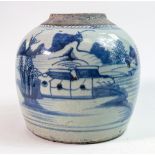 19th century Oriental blue & white ginger jar with landscape decoration, height 15cm.