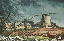Tom Hinks modern local interest watercolour Anglesey Windmill scene, dated 1976, frame size 74cm x
