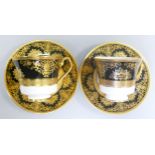 De Lamerie Fine Bone China heavily gilded Black Exotic Garden patterned cup & saucer sets, specially