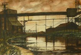 Tom Hinks modern local interest watercolour Canalside Shelton Bar, frame size 57cm x cm