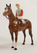 Beswick jockey on brown horse 1862, yellow, red & green racing colours, both ears restored.