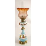 Victorian painted glass and brass oil lamp and shade. Orbis burner noted, height 62cm.