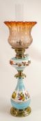 Victorian painted glass and brass oil lamp and shade. Orbis burner noted, height 62cm.