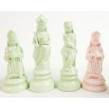 Minton prototype John Bell design chess set, glazed in pink & green, 32 pieces, height of king 11cm.