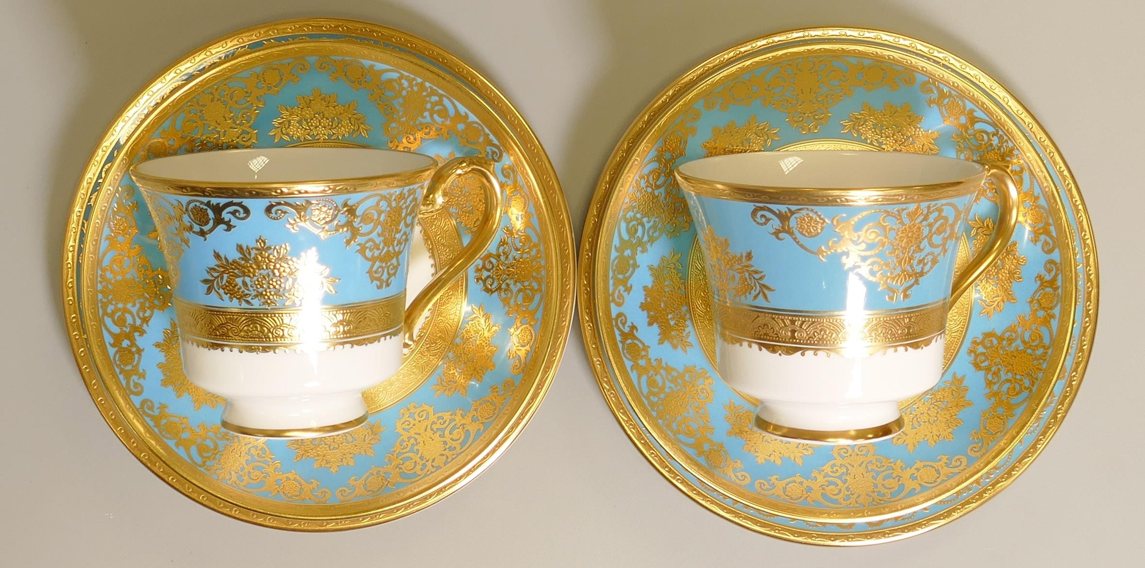 De Lamerie Fine Bone China heavily gilded Turquoise Exotic Garden patterned trios, specially made - Image 3 of 3