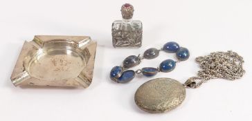 A collection of silver items including ashtray, pendant & chain, 66g and agate bracelet and scent