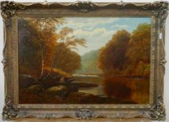 William Mellor, (1851-1931) oil on canvas of fisherman on river "On the Wharfe Bolton Woods,
